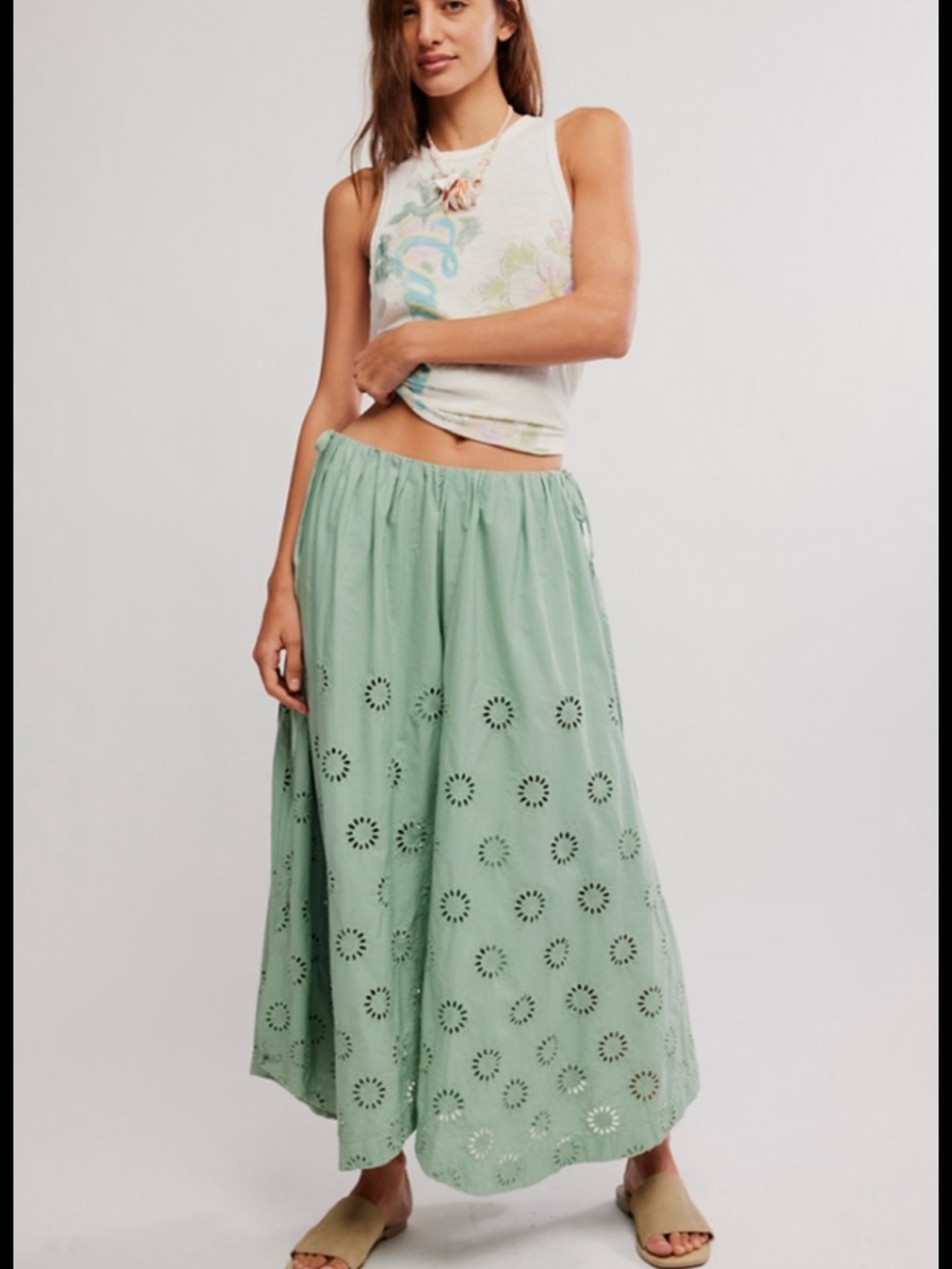 Free People Sweet Serenade Wide Leg Pants Size 4 Green Eyelet Bohemian B17